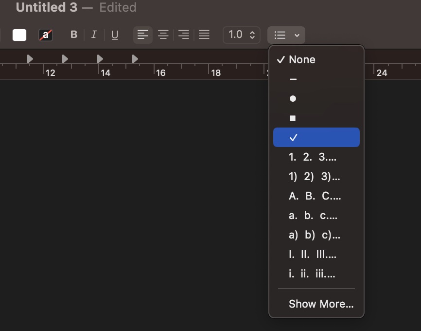 Options List bullets and numbering TextEdit